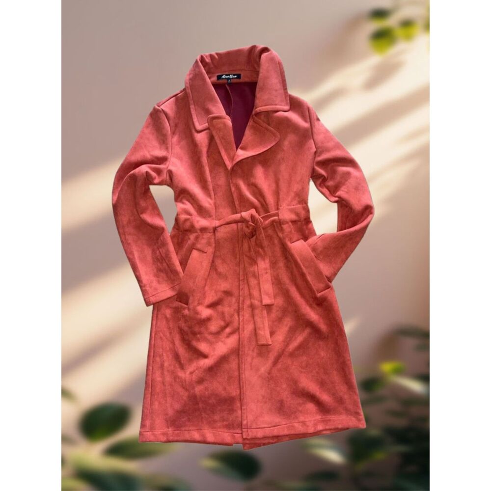 Alice Blue Rust Orange Red Faux Suede Belted Trench Coat Notched Lapel Medium